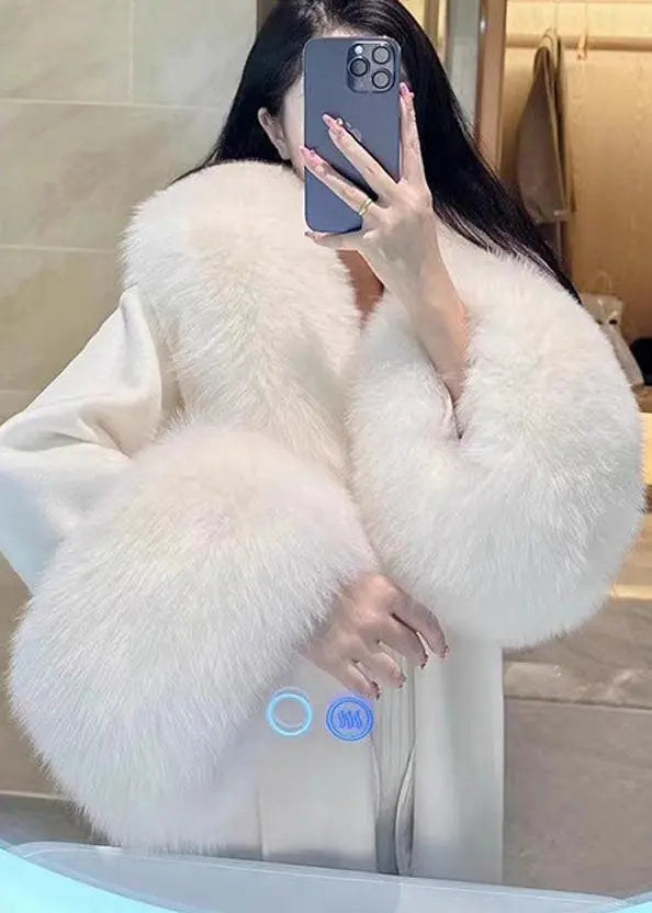 Style White Tie Waist Fur Collar Patchwork Woolen Coats Winter Ada Fashion