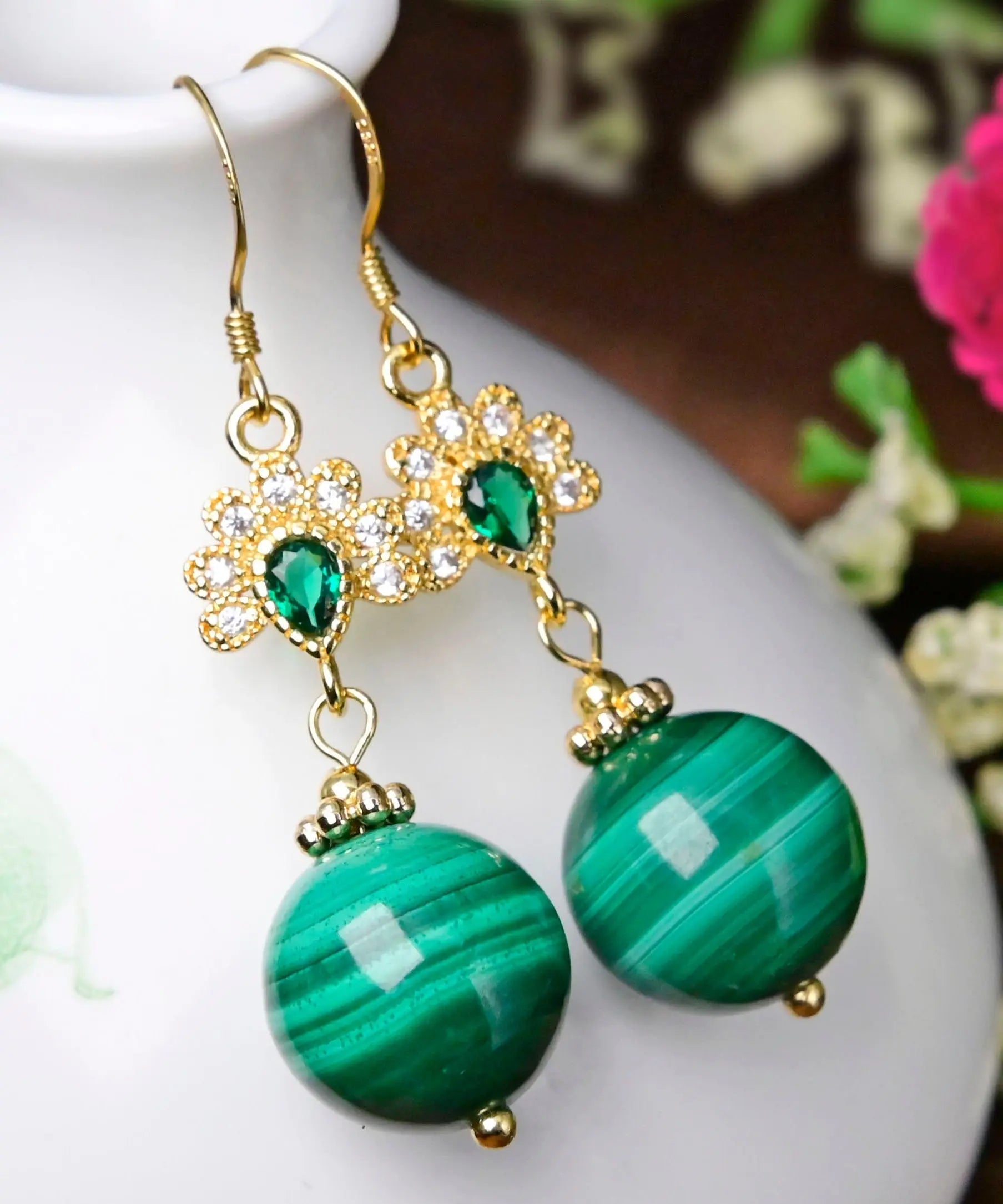 Stylish Green Sterling Silver Overgild Zircon Malachite Drop Earrings Ada Fashion