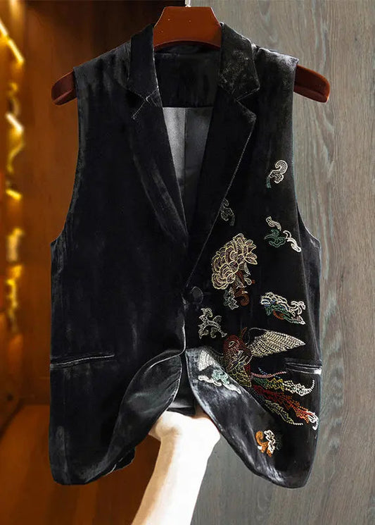 Top Quality Black Embroidered Button Pockets Silk Velour Waistcoat Sleeveless Ada Fashion