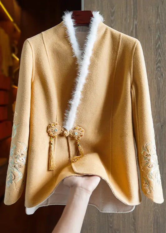 Top Quality Khaki Embroidered Button Mink Hair Patchwork Woolen Coat Fall Ada Fashion