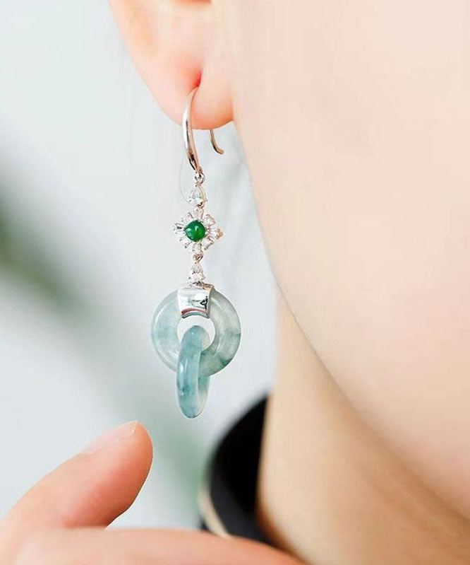 Unique Cyan Sterling Silver Inlaid Zircon Jadeite Drop Earrings Ada Fashion