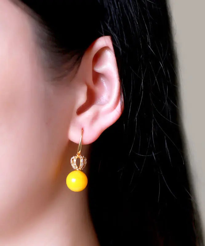 Unique Yellow Sterling Silver Inlaid Beeswax Zircon Drop Earrings Ada Fashion