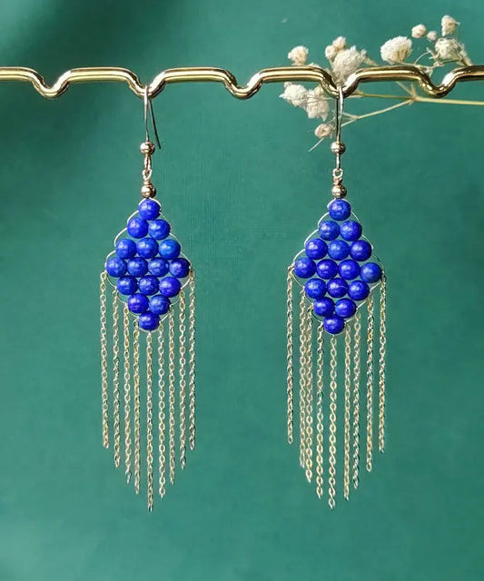 Vintage Blue 14K Gold Gem Stone Tassel Drop Earrings Ada Fashion