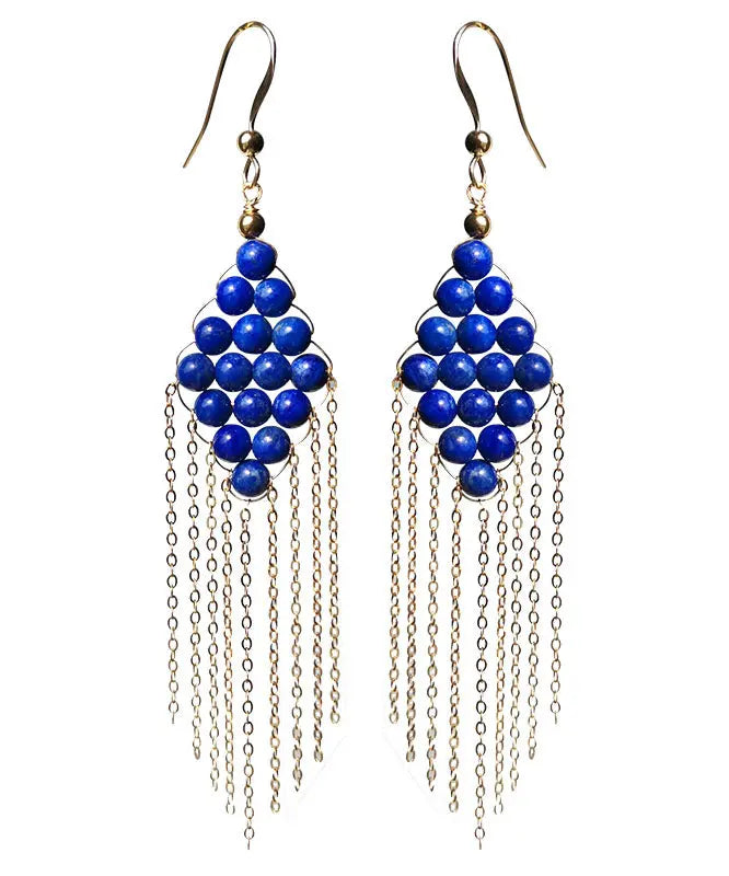 Vintage Blue 14K Gold Gem Stone Tassel Drop Earrings Ada Fashion