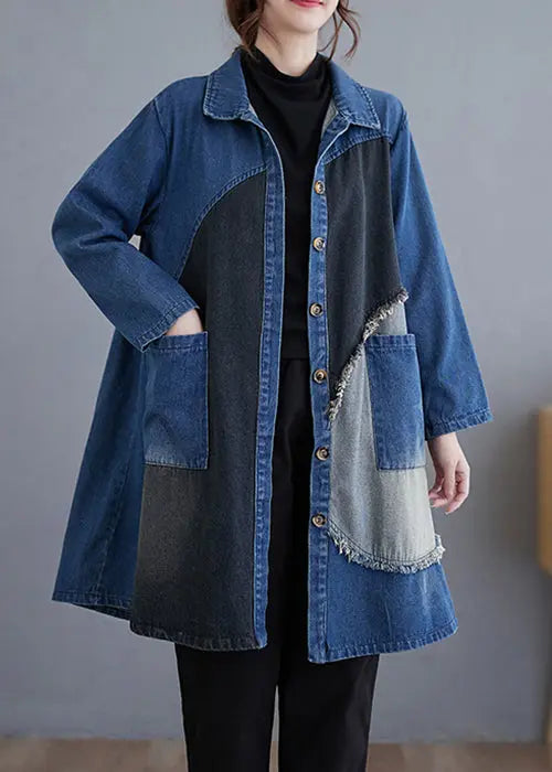Vintage Blue Button Pockets Patchwork Denim Trench Coat Fall Ada Fashion