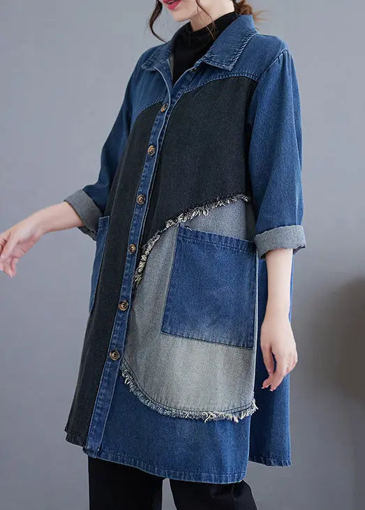 Vintage Blue Button Pockets Patchwork Denim Trench Coat Fall Ada Fashion