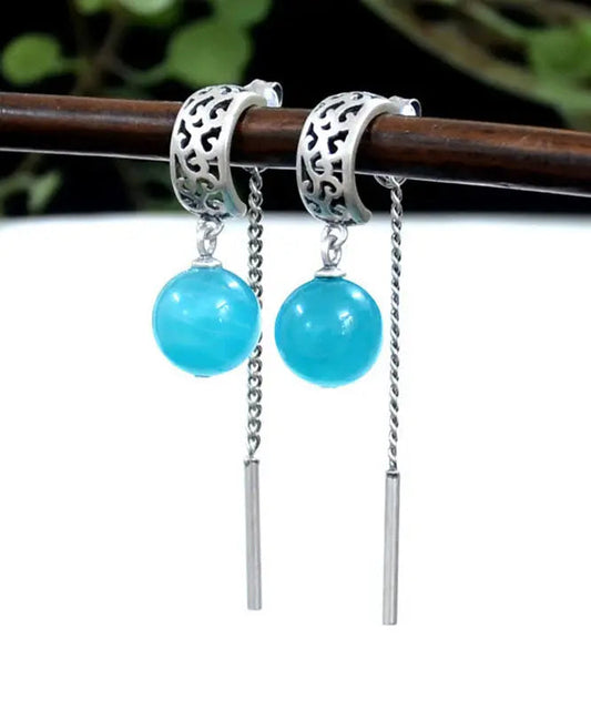 Vintage Blue Sterling Silver Gem Stone Tassel Drop Earrings Ada Fashion