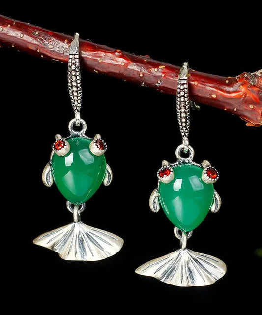 Vintage Green Sterling Silver Inlaid Gem Stone Chalcedony Goldfish Drop Earrings Ada Fashion
