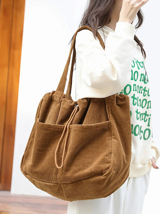 Vintage Solid Corduroy Large Capacity Shoulder Bag Ada Fashion