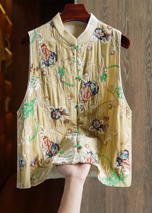 Vintage Yellow Embroidered Button Patchwork Silk Velour Waistcoat Sleeveless Ada Fashion
