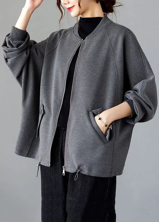 Vogue Grey O-Neck Patchwork Drawstring Coat Long Sleeve Ada Fashion