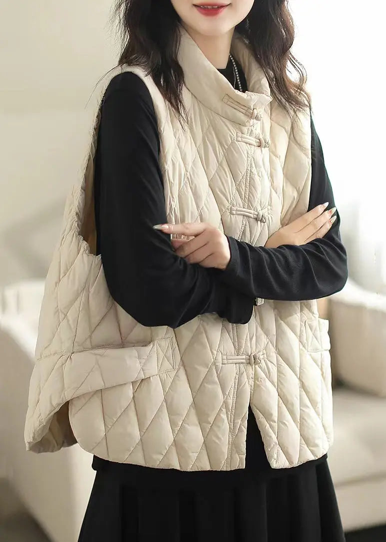 White Pockets Patchwork Cotton Filled Waistcoat Stand Collar Winter Ada Fashion