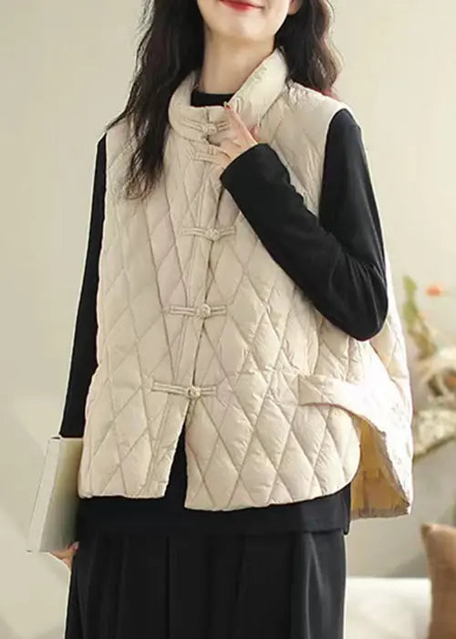 White Pockets Patchwork Cotton Filled Waistcoat Stand Collar Winter Ada Fashion