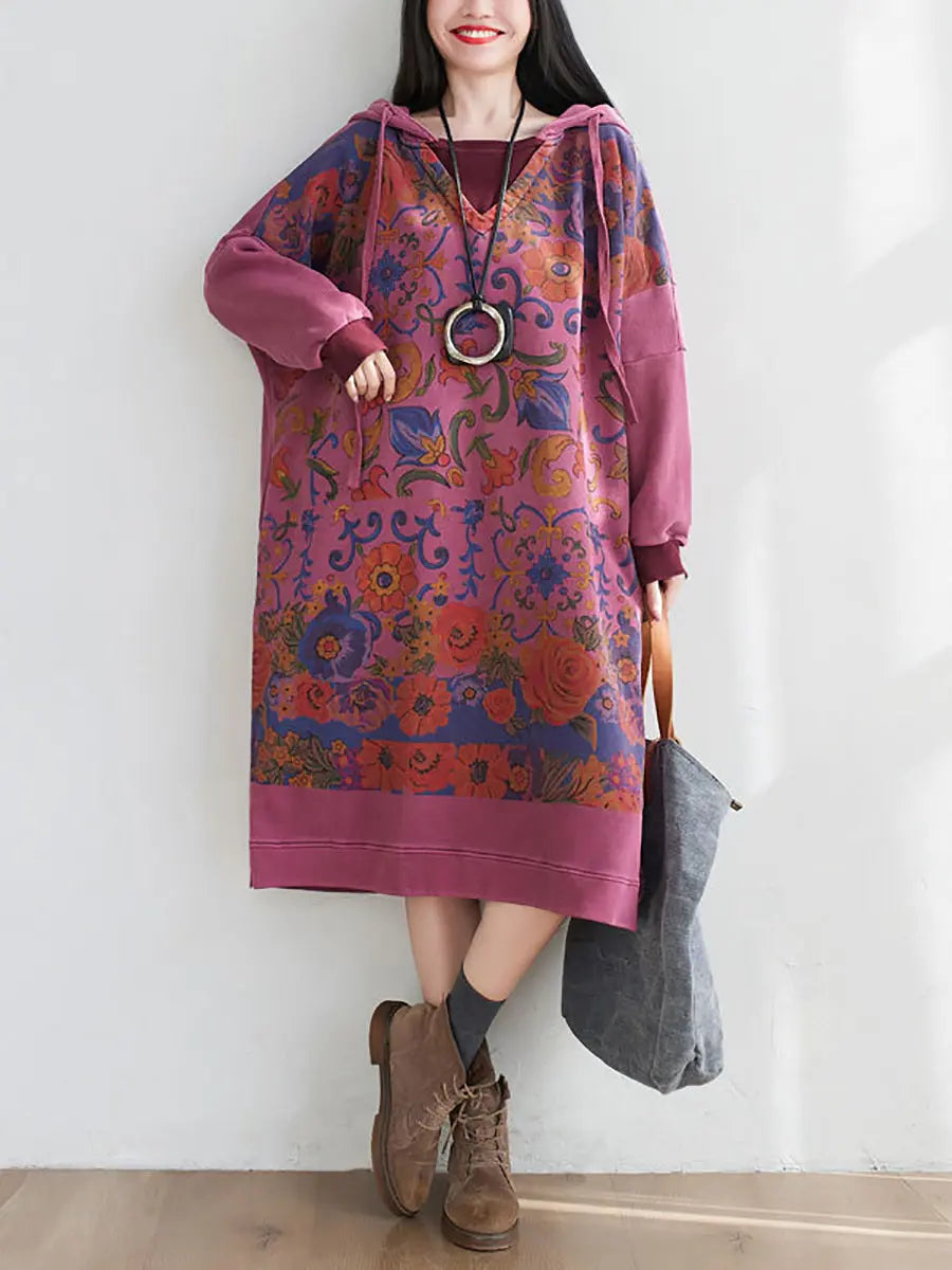 Women Artsy Flower Spring Hooded Cotton Dress Ada Fashion