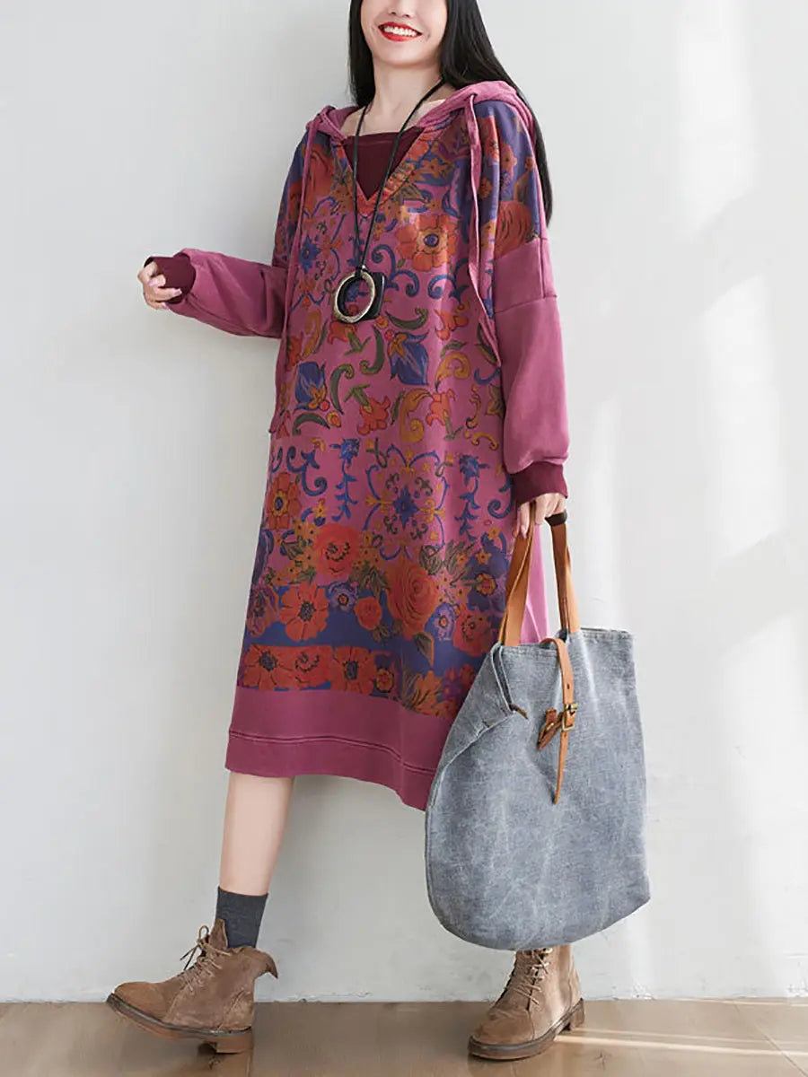 Women Artsy Flower Spring Hooded Cotton Dress Ada Fashion