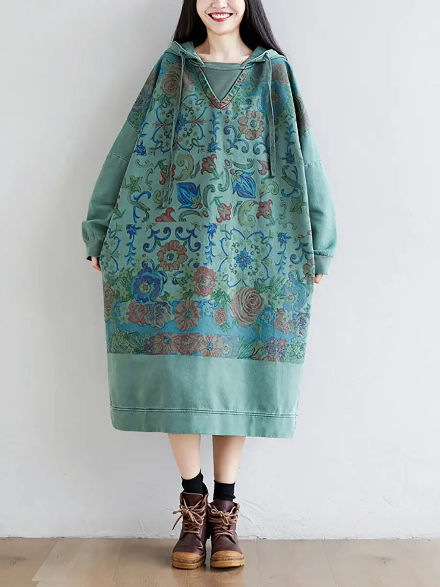 Women Artsy Flower Spring Hooded Cotton Dress Ada Fashion