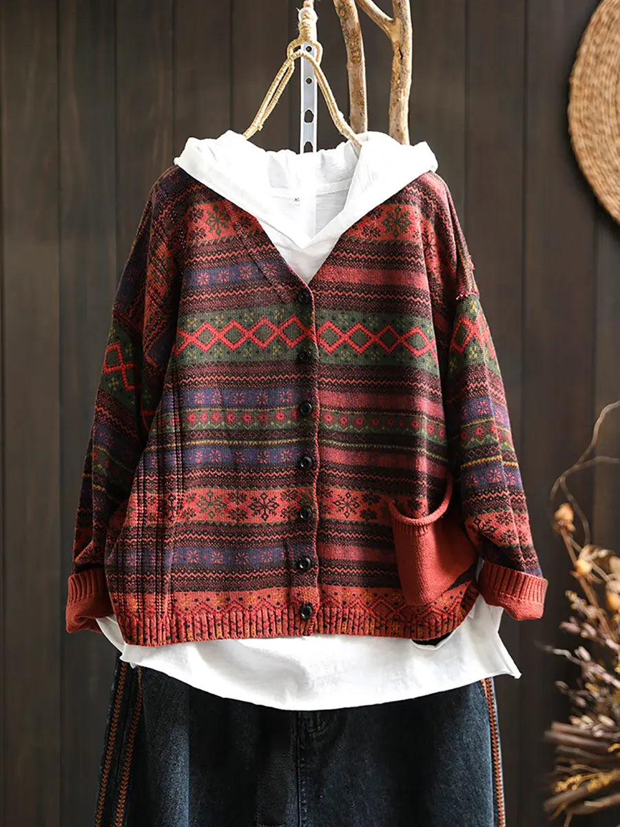 Women Autumn Geometric Knitted V-neck Sweater Ada Fashion