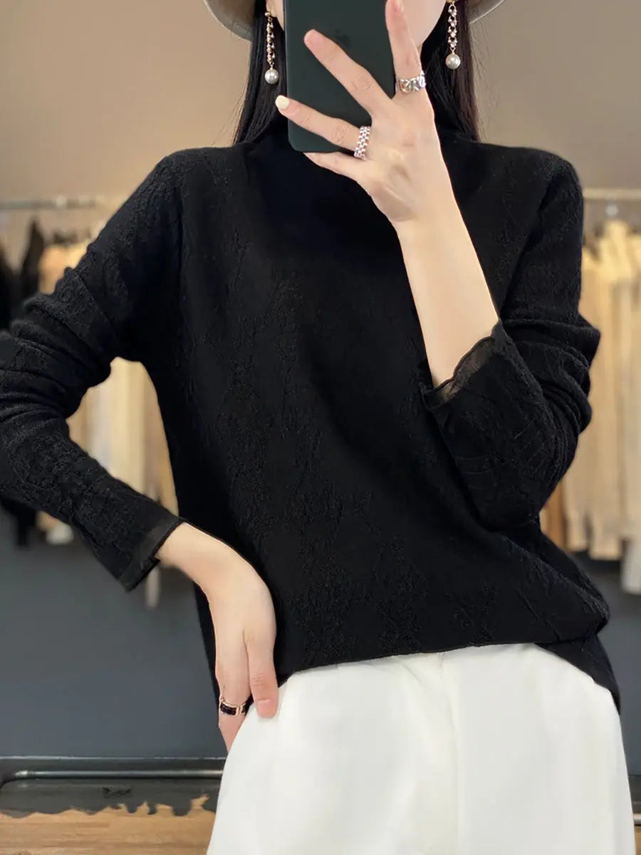 Women Autumn Lacework Knitted Half-Turtleneck Blouse Ada Fashion