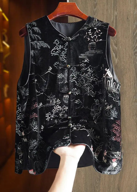 Women Black Embroidered Button Patchwork Silk Velour Waistcoat Fall Ada Fashion