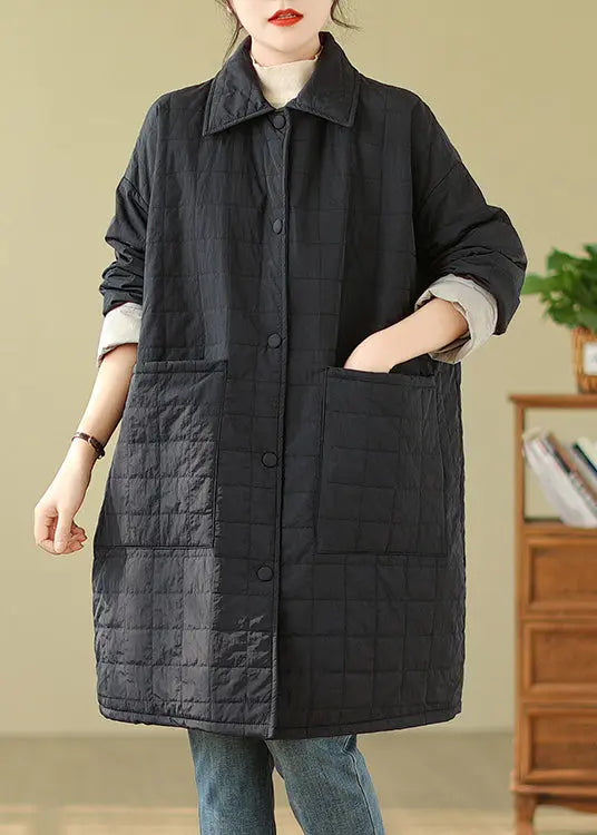 Women Black Pockets Button Patchwork Fine Cotton Filled Coat Winter Ada Fashion