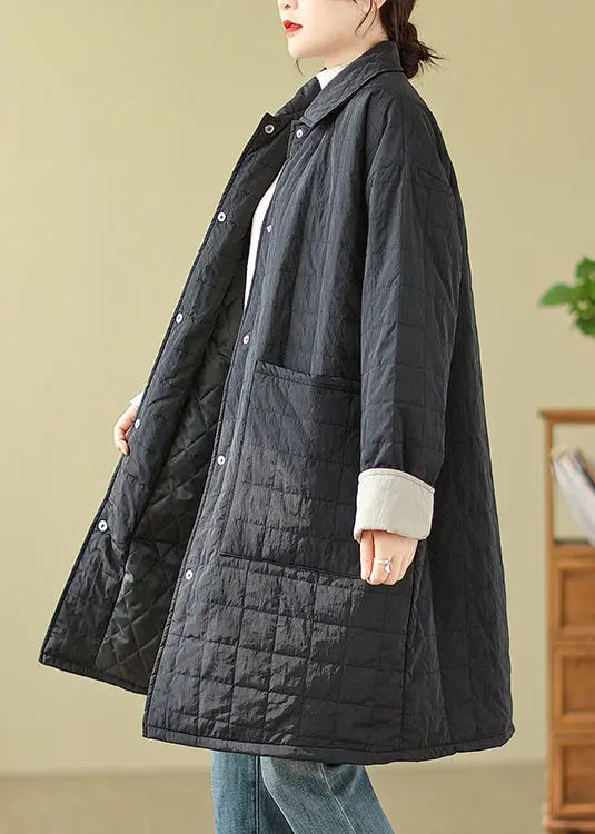 Women Black Pockets Button Patchwork Fine Cotton Filled Coat Winter Ada Fashion