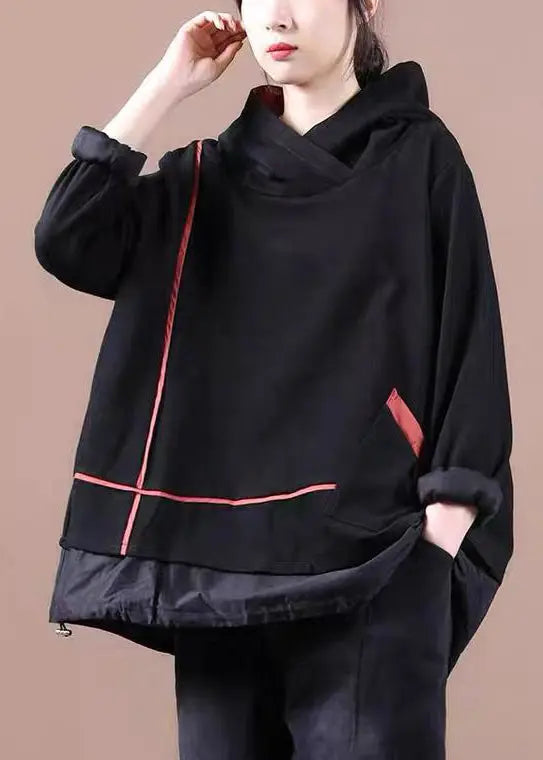 Women Black Striped Hooded Patchwork Warm Fleece Pullover Sweatshirt Winter Ada Fashion