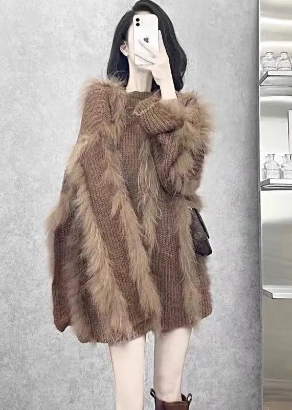 Women Brown O Neck Fox Hair Patchwork Knit Sweaters Winter Ada Fashion