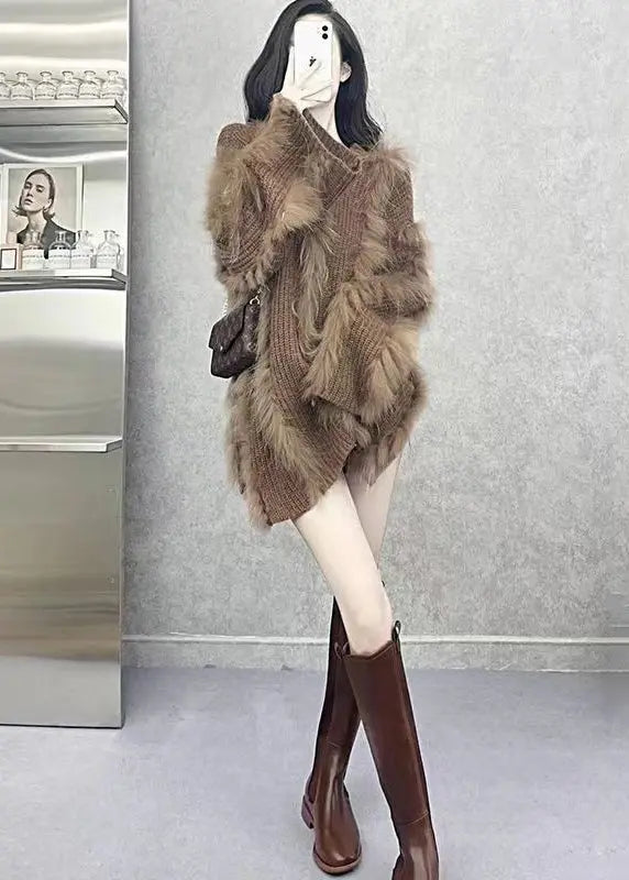 Women Brown O Neck Fox Hair Patchwork Knit Sweaters Winter Ada Fashion