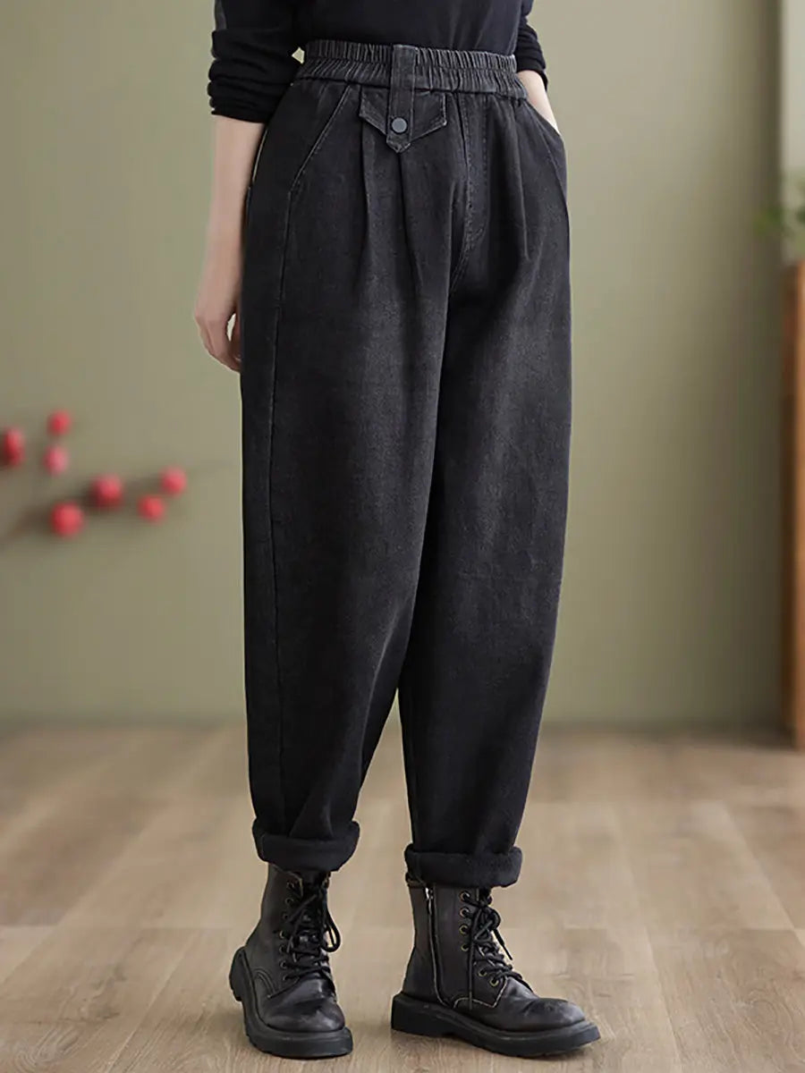 Women Casual Fleece-lined Denim Harem Pants Ada Fashion