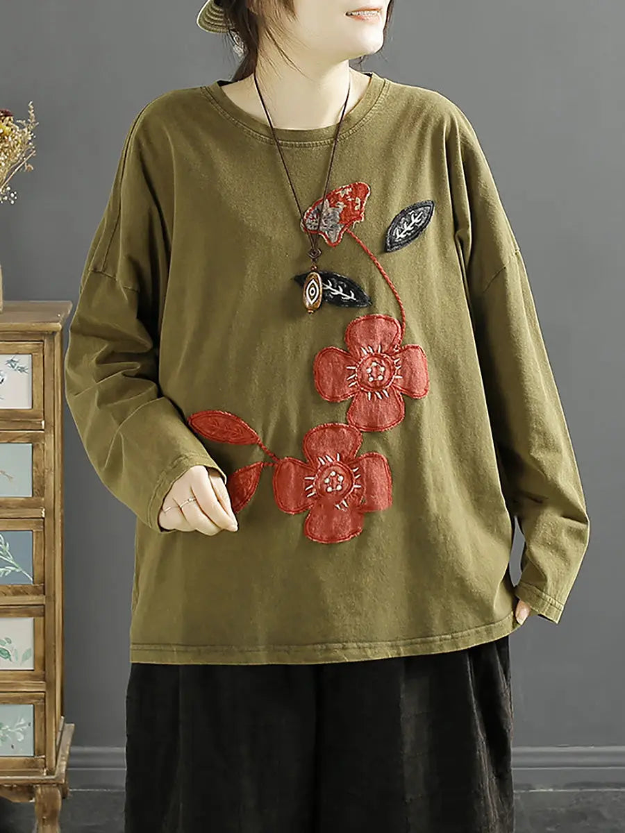 Women Casual Spring Flower Spliced O-Neck Cotton Shirt Ada Fashion