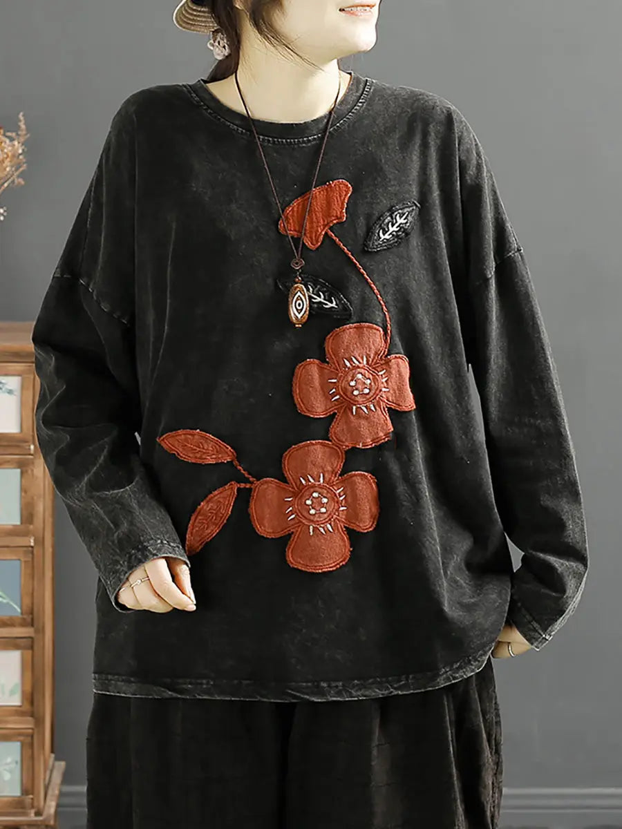 Women Casual Spring Flower Spliced O-Neck Cotton Shirt Ada Fashion