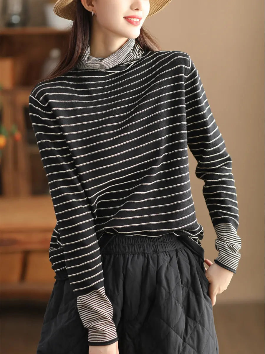 Women Casual Stripe Spliced Turtleneck Warm Sweatshirt Ada Fashion