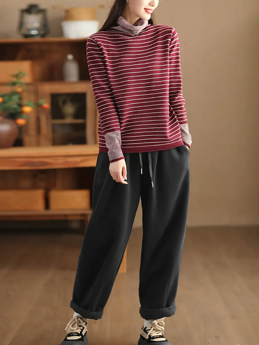 Women Casual Stripe Spliced Turtleneck Warm Sweatshirt Ada Fashion