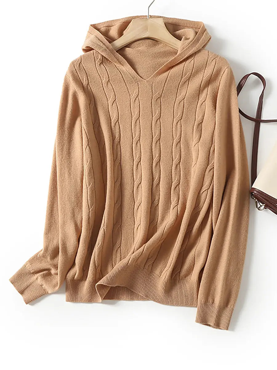 Women Casual Winter Solid Twist Hooded Wool Sweater Ada Fashion