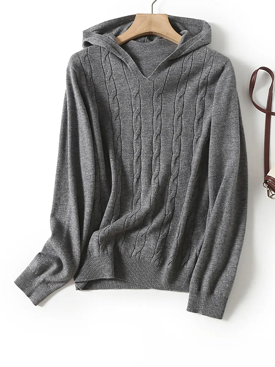 Women Casual Winter Solid Twist Hooded Wool Sweater Ada Fashion