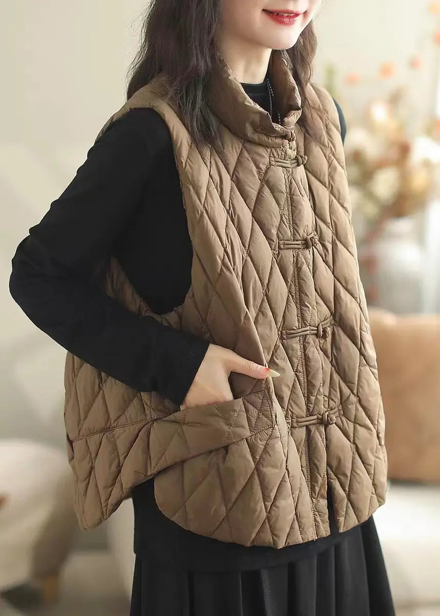 Women Coffee Button Pockets Patchwork Cotton Filled Waistcoat Sleeveless Ada Fashion