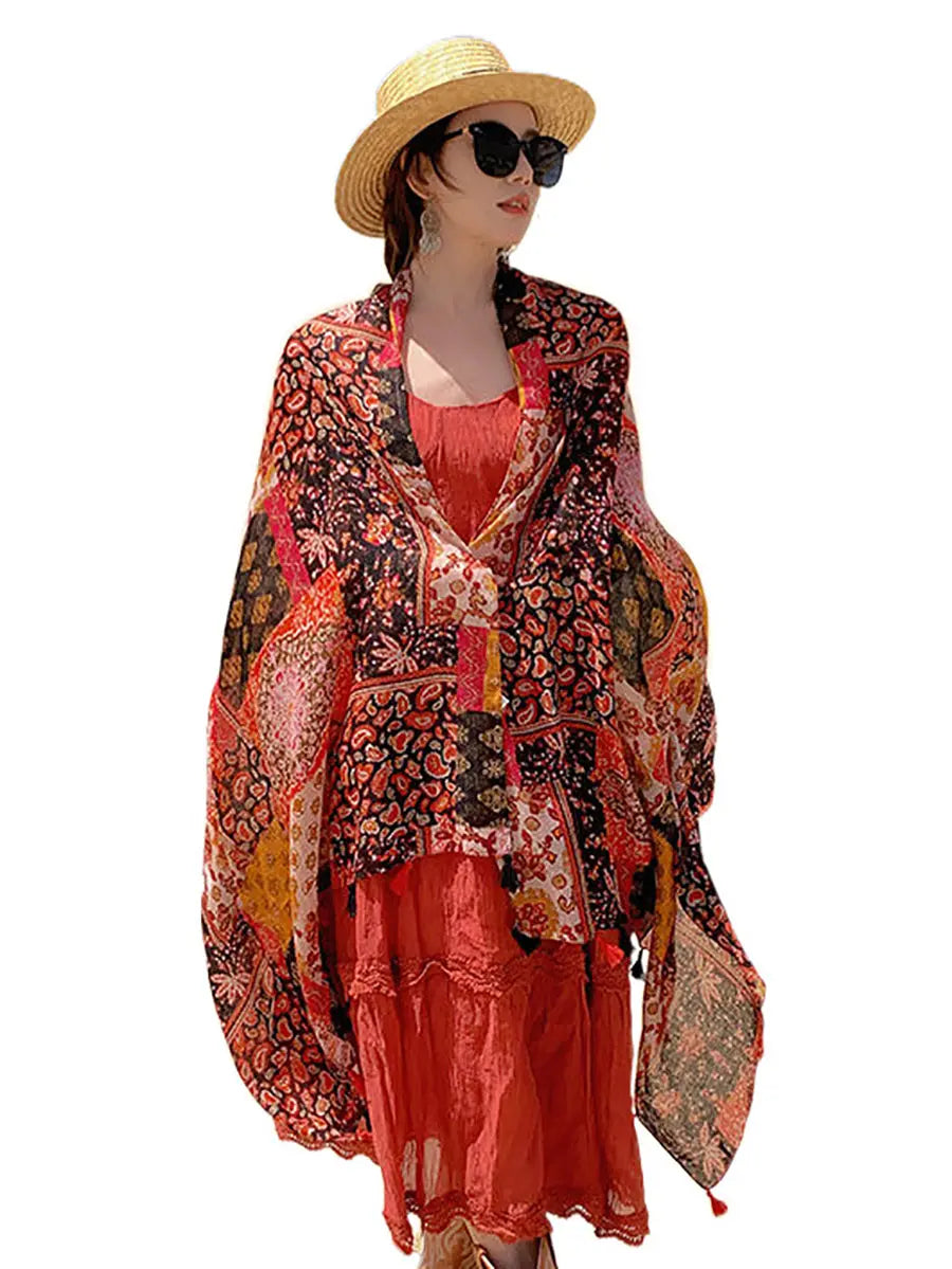 Women Ethnic Floral Spliced Tassel Shawl Scarf Ada Fashion