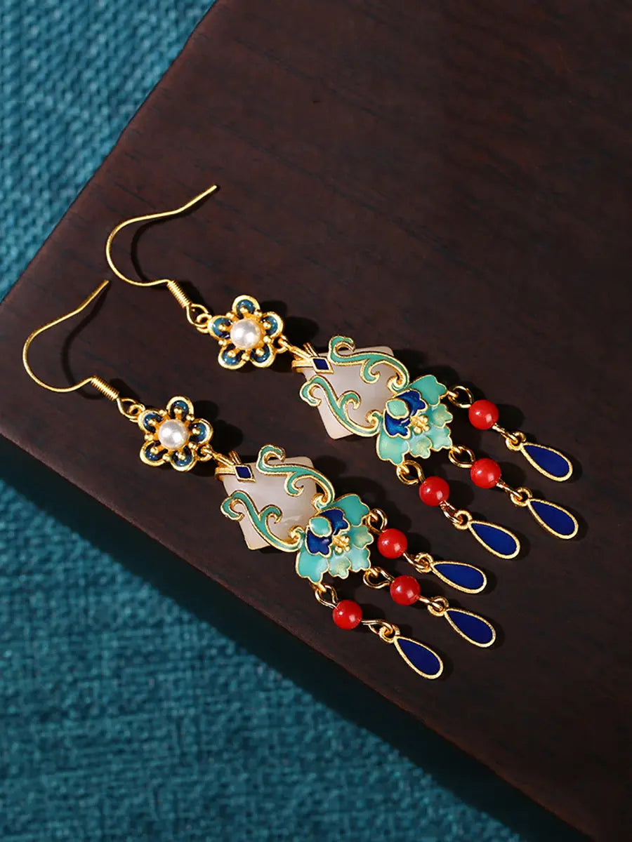 Women Ethnic Jade Enamel Alloy Tassel Earrings Ada Fashion