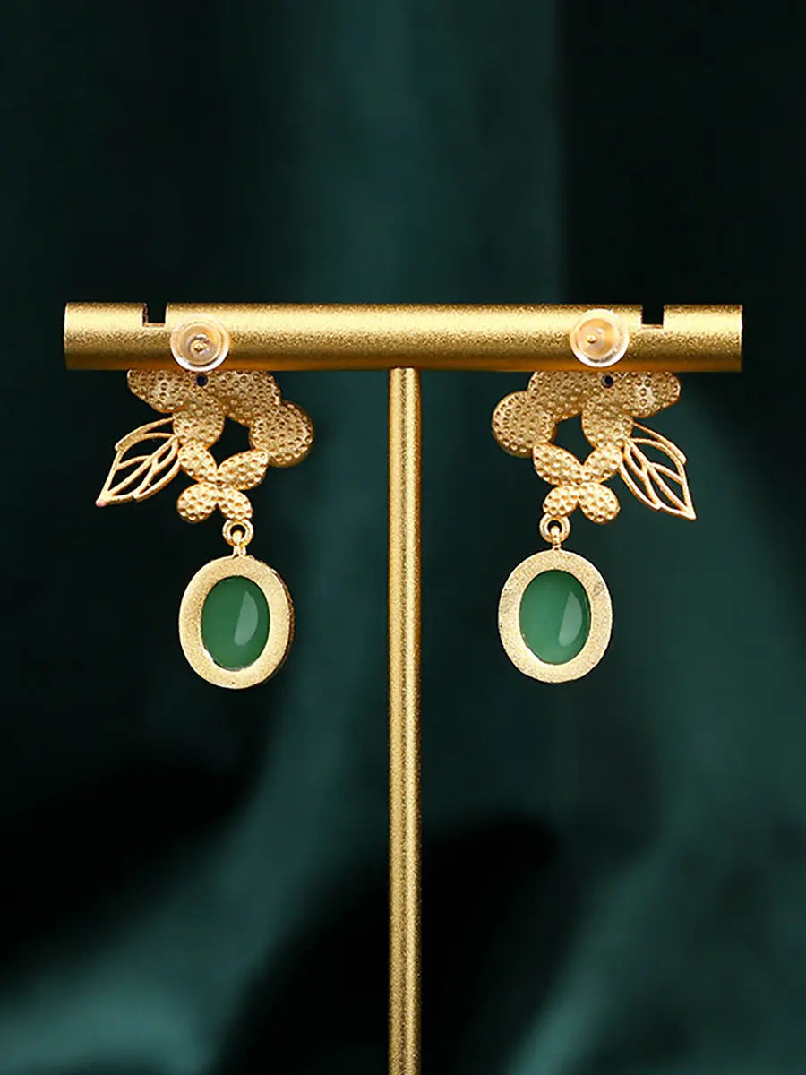 Women Flower Enamel Green Jade Glod Plate Earrings Ada Fashion