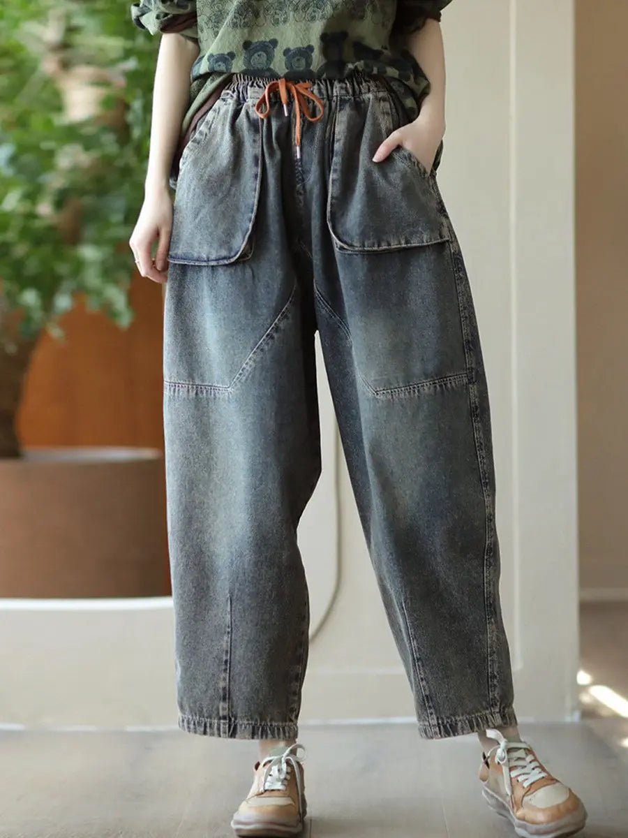 Women Retro Big Pocket Denim Harem Pants Ada Fashion