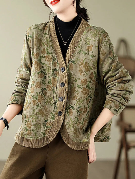 Women Retro Floral Spliced V-Neck Padded Jacket Ada Fashion