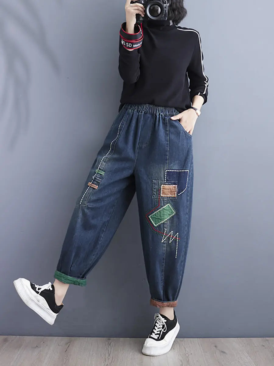 Women Retro Patch Spliced Denim Harem Pants Ada Fashion