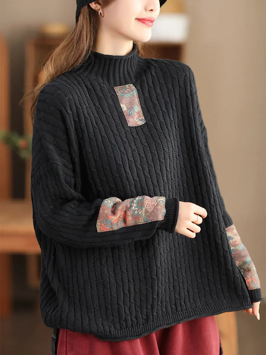 Women Retro Patch Spliced Knitted Turtleneck Sweater Ada Fashion