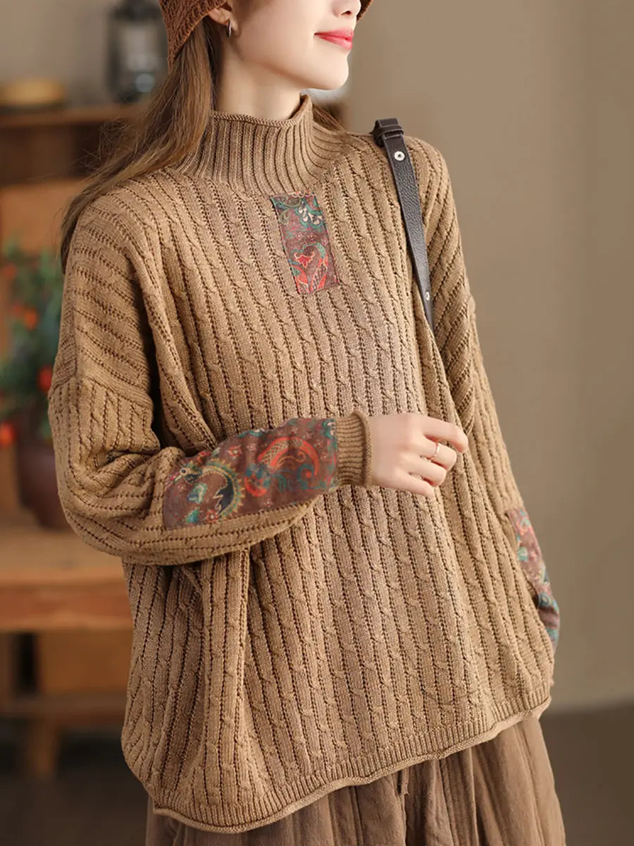 Women Retro Patch Spliced Knitted Turtleneck Sweater Ada Fashion