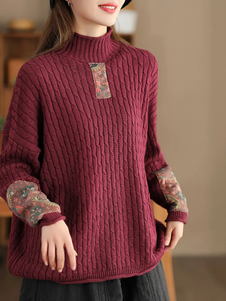 Women Retro Patch Spliced Knitted Turtleneck Sweater Ada Fashion