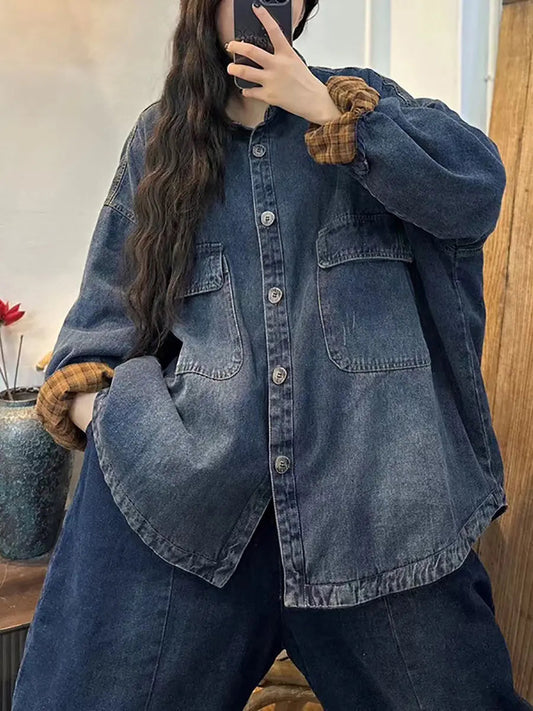 Women Retro Solid Thicken Splied Denim Coat Ada Fashion