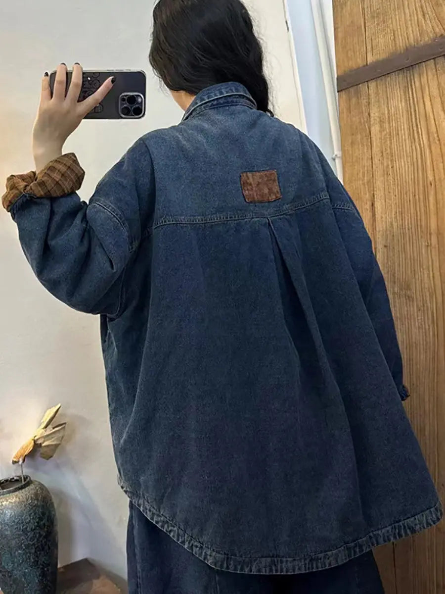 Women Retro Solid Thicken Splied Denim Coat Ada Fashion