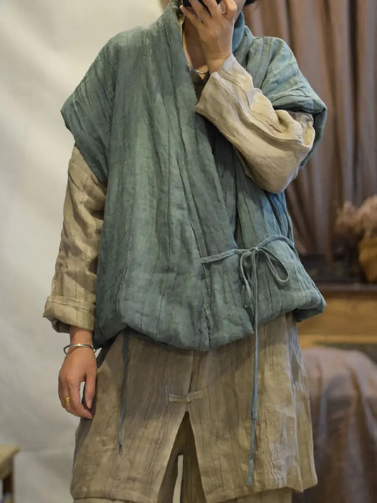 Women Retro Vintage V-Neck Solid Linen Vest Coat Ada Fashion