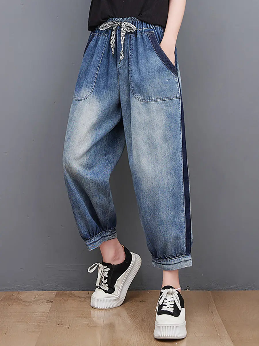 Women Spring Wahed Spliced Denim Pants Ada Fashion