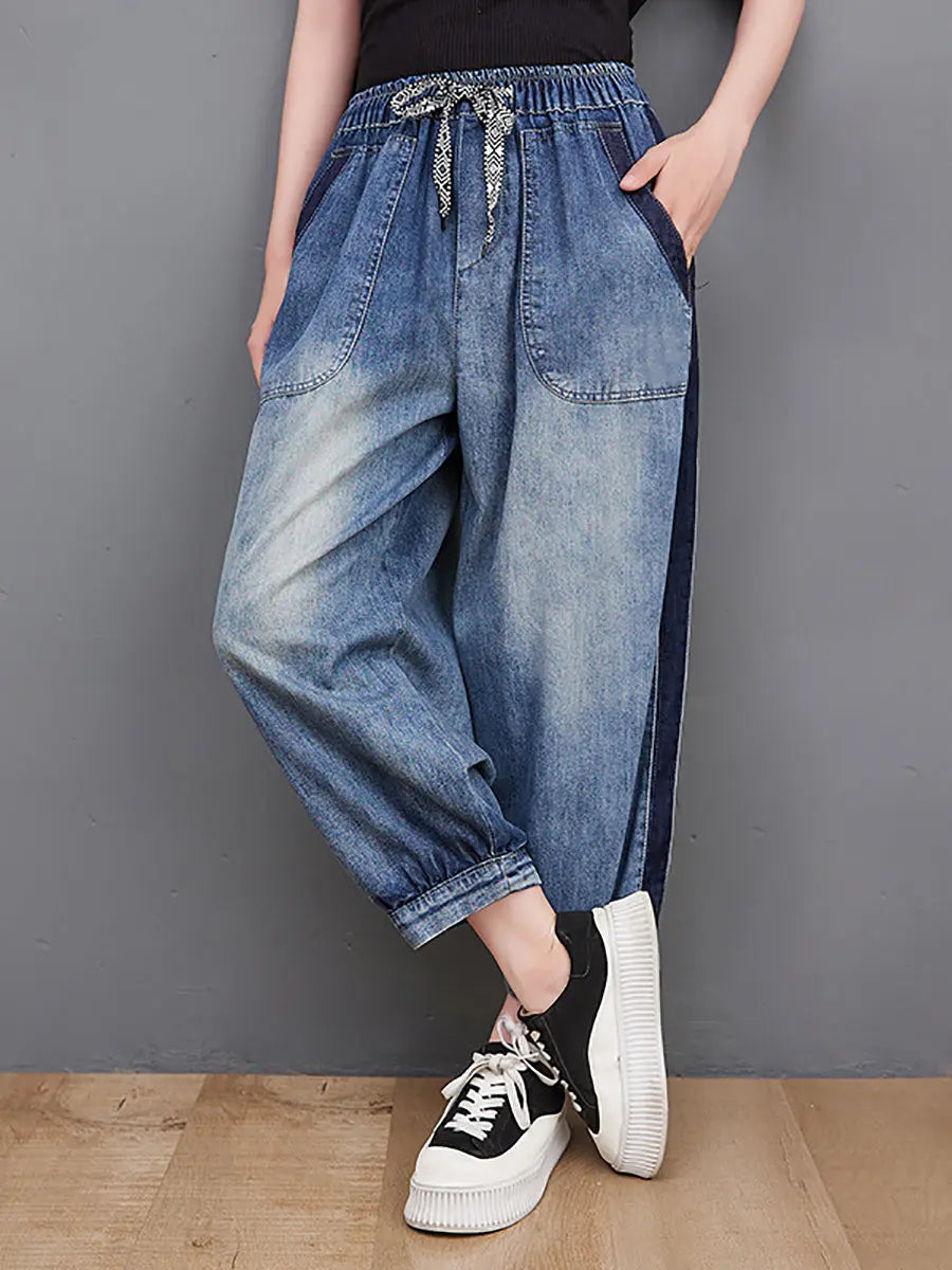 Women Spring Wahed Spliced Denim Pants Ada Fashion